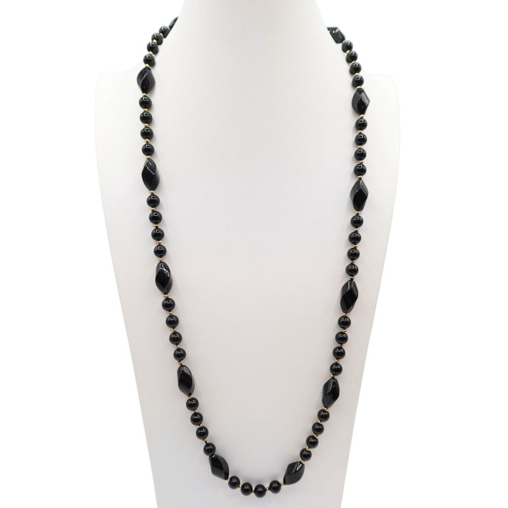 Onyx Twisted Beaded & 14K Gold Beads Slip On Long Necklace Elegant Stone